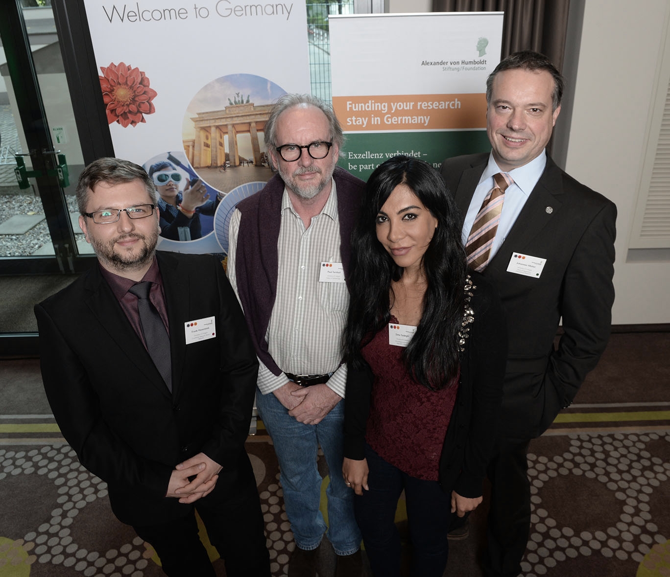 Prof. Dr. Paul Turnbull (2nd from the left) and Dr. Sima Sadeghi (2nd from the right) attended the conference as international researchers at the University of Cologne accompanied by Dr. Johannes Müller (on the right) and Frank Hasenstab (on the left) from Albert's Global Researcher Network. Photo: Alexander von Humboldt Foundation / Ausserhofer