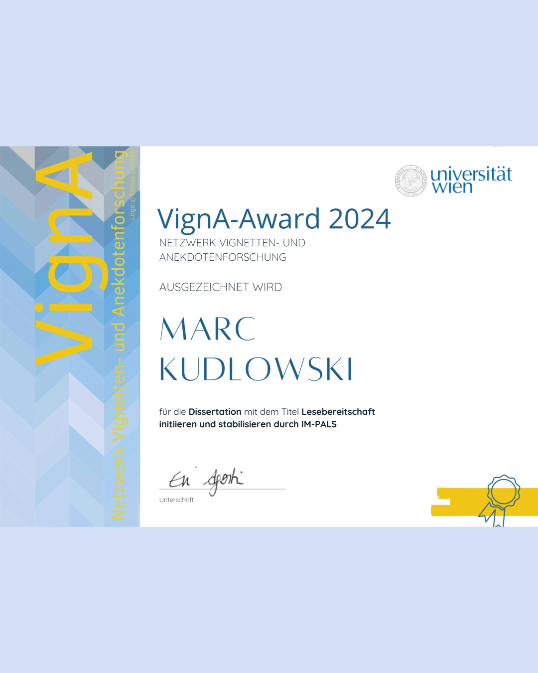 VignA-Award für die Dissertationsschrift von Marc Kudlowski